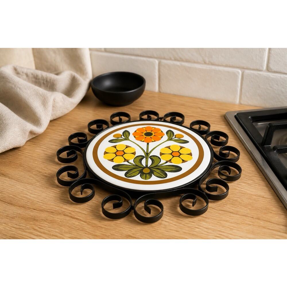 Vintage Gail Craft Ceramic Floral Round Tile Trivet Hot Plate